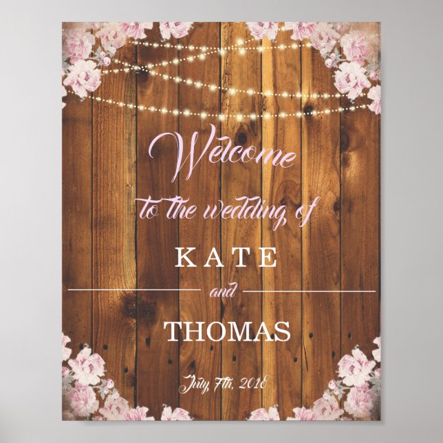 Rustic Floral Light Strings Wedding Welcome Sign (Front)