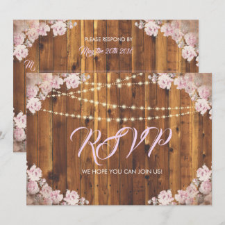 Rustic Floral Light Strings Wood RSVP Reply Card