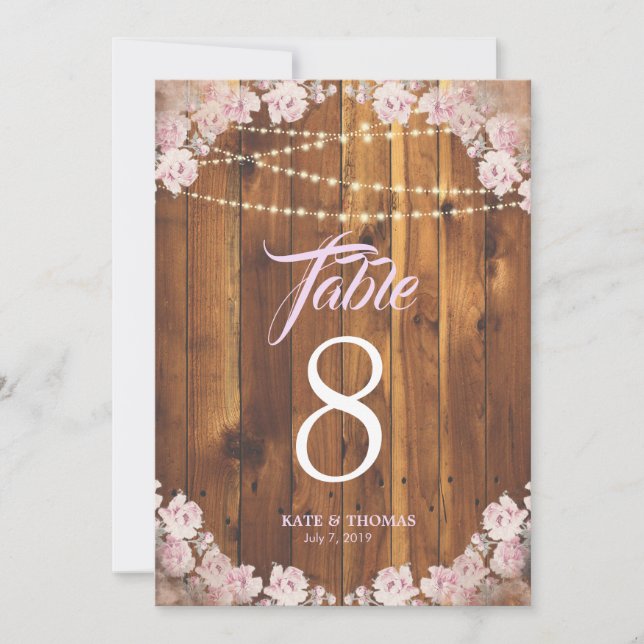 Rustic Floral Light Strings Wooden Table Number (Front)