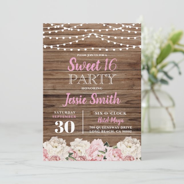Rustic Floral Lights Birthday Party Rose Sweet 16  Invitation (Standing Front)