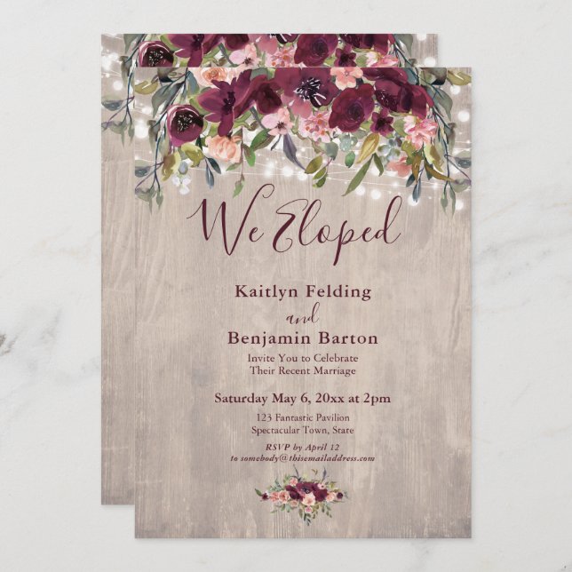 Rustic Floral Lights We Eloped Reception Only Invitation (Front/Back)