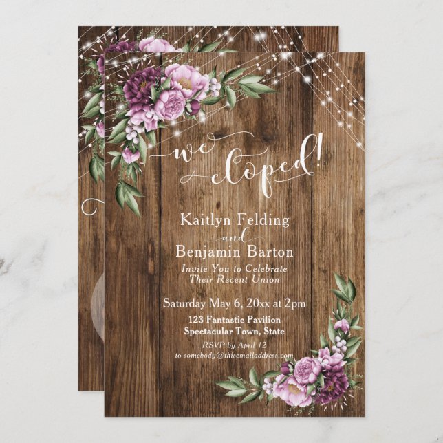 Rustic Floral Lights We Eloped Reception Only Invitation (Front/Back)