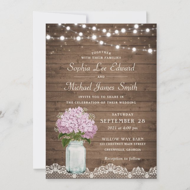 Rustic Floral Lilac Hydrangea Mason Jar Lace Light Invitation (Front)
