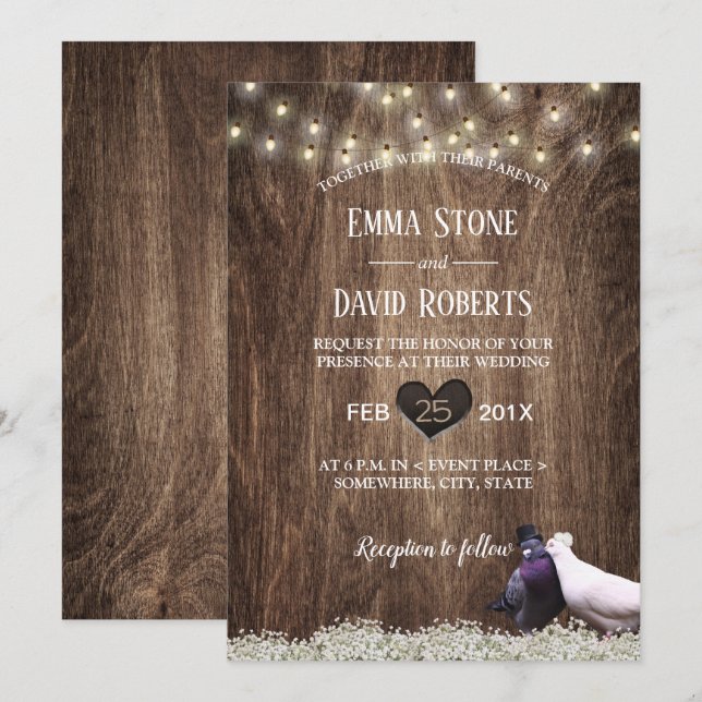 Rustic Floral Lovebirds & String Lights Wedding Invitation (Front/Back)