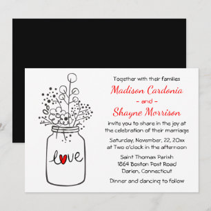 Rustic Floral Mason Jar Black & White Wedding Love Invitation