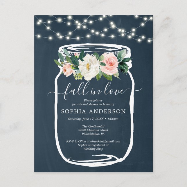 Rustic Floral Mason Jar Bridal Shower Invite Postcard (Front)
