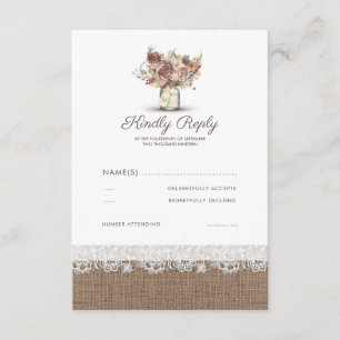 Rustic Floral Mason Jar   Burlap Wedding RSVP Card