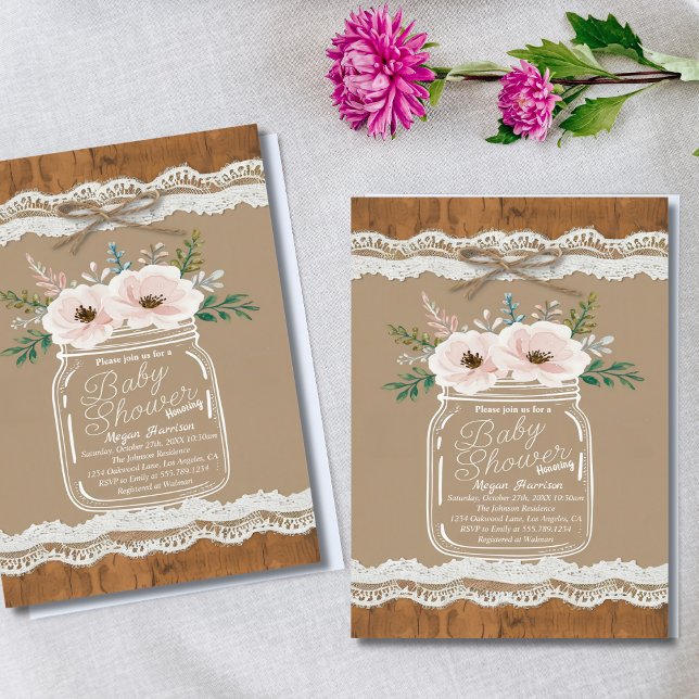 Rustic Floral Mason Jar Lace & Twine Baby Shower Invitation (Creator Uploaded)