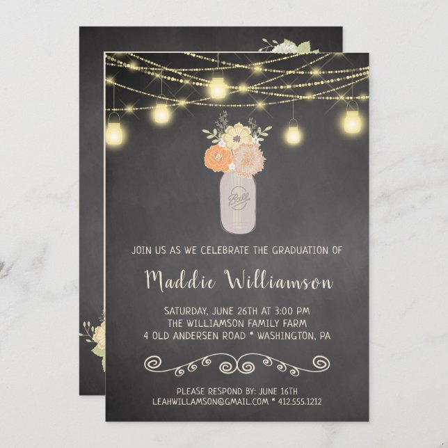 Rustic Floral Mason Jar Lights Graduation Party Invitation (Front/Back)