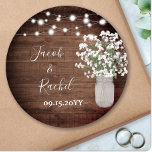 Rustic Floral Mason Jar & Lights Wedding Classic Round Sticker<br><div class="desc">This design features dainty watercolor baby's breath flowers in a mason jar vase on a rustic wood background with string lights. Click the customise button for more flexibility in modifying the text or moving the graphics! Variations of this design as well as coordinating products are available in our shop, zazzle.com/doodlelulu*....</div>
