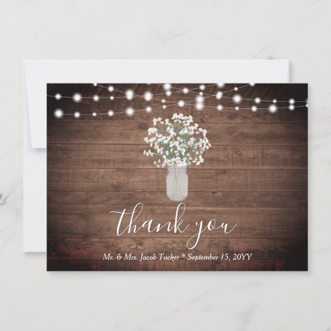 Rustic Floral Mason Jar Lights Wedding Thank You Card (Front)