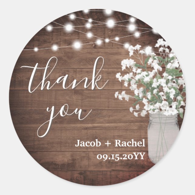 Rustic Floral Mason Jar & Lights Wedding Thank You Classic Round Sticker (Front)