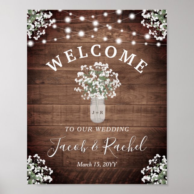 Rustic Floral Mason Jar Lights Welcome Wedding Poster (Front)