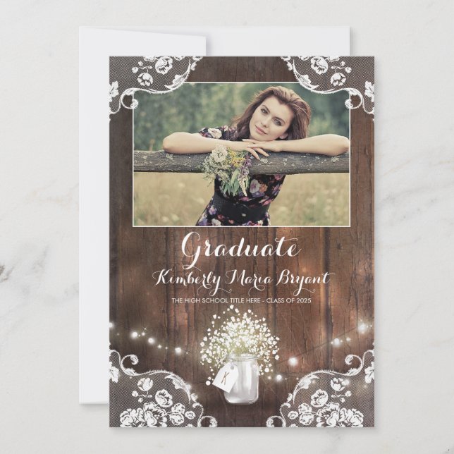 Rustic Floral Mason Jar Photo Graduation Party Invitation (Front)
