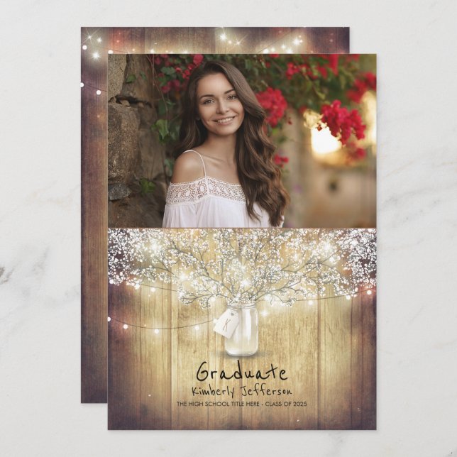 Rustic Floral Mason Jar Photo Graduation Party Invitation (Front/Back)