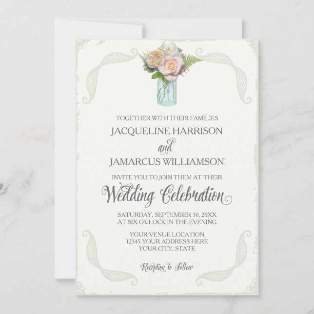 Rustic Floral Mason Jar Roses Script Typography Invitation (Front)