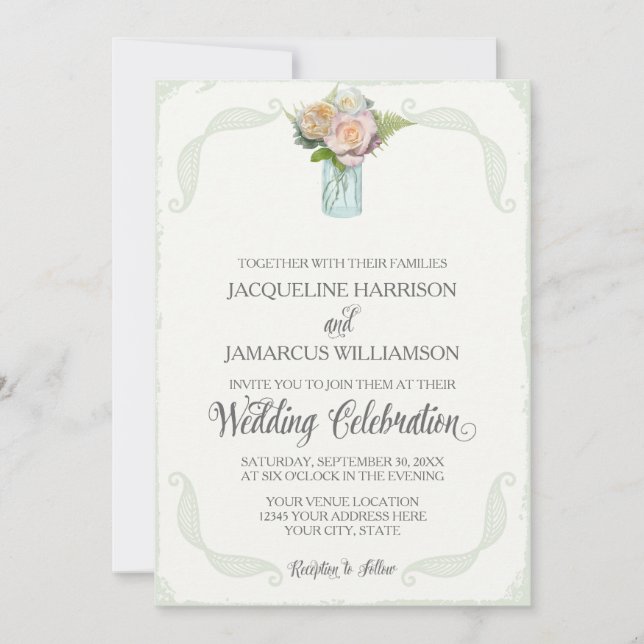 Rustic Floral Mason Jar Roses Script Typography Invitation (Front)