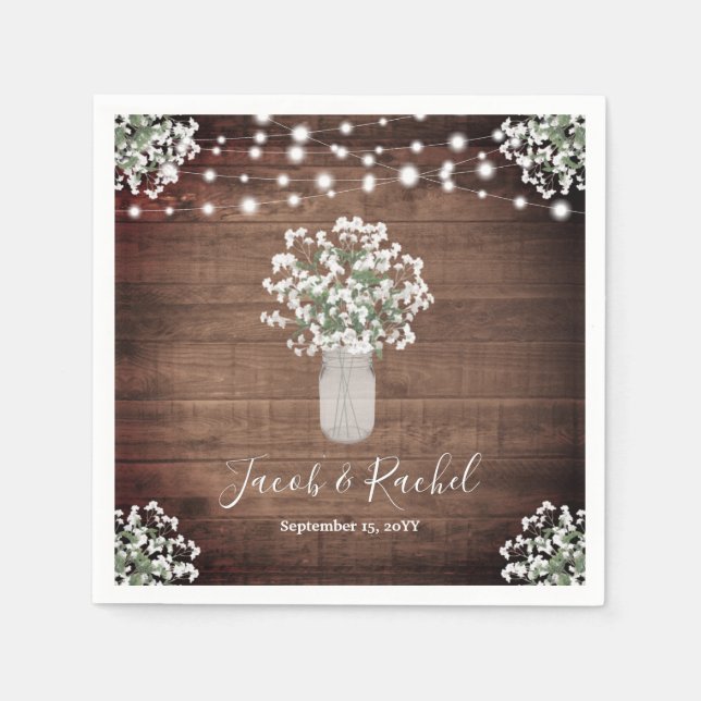 Rustic Floral Mason Jar & String Lights Wedding Napkin (Front)