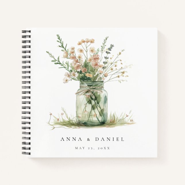 Rustic Floral Mason Jar Wedding Guest Book (Front)