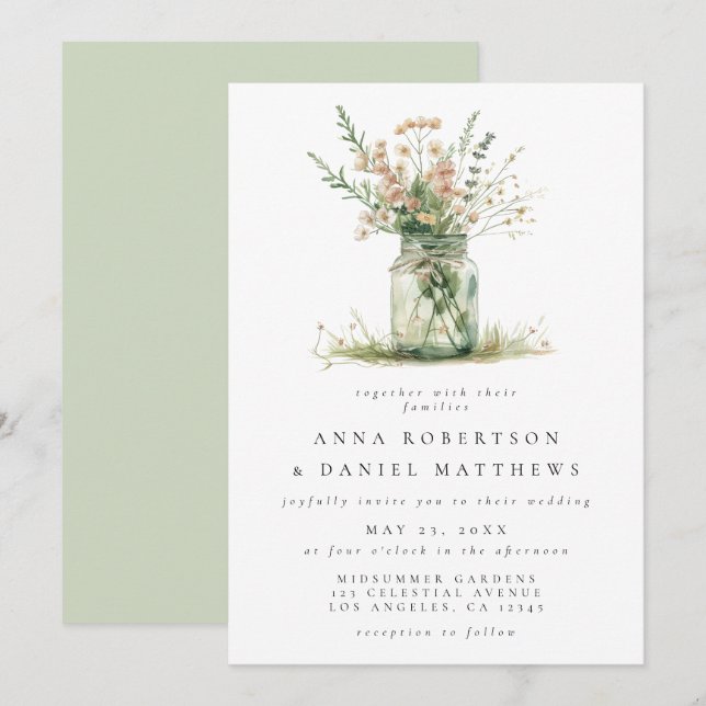 Rustic Floral Mason Jar Wedding Invitation (Front/Back)