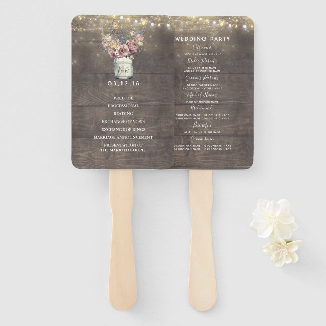 Rustic Floral Mason Jar Wedding Program Hand Fan (Front and Back)