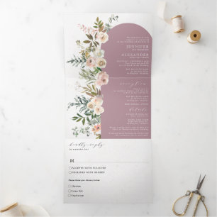 Rustic Floral Mauve All in One Wedding Tri-Fold Invitation