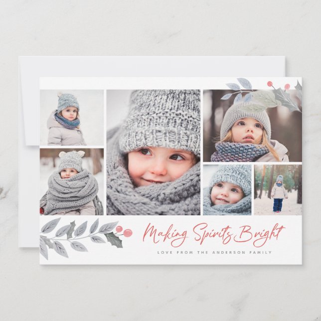 Rustic Floral Merry Bright Multi-Photo Collage Holiday Card (Front)