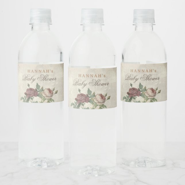 Rustic Floral Modern Baby Shower Burgundy Blush Water Bottle Label (Bottles)