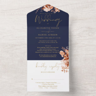 Rustic Floral Navy And Gold Details RSVP Wedding All In One Invitation