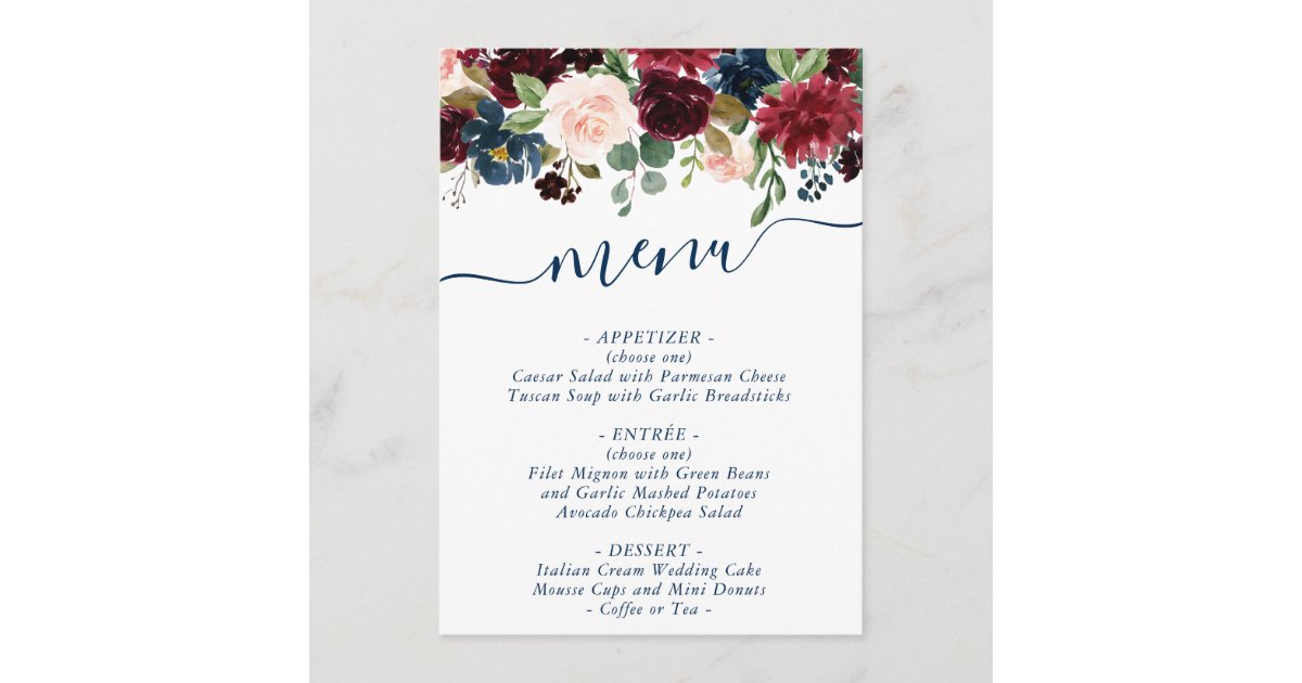 Rustic Floral | Navy Blue Burgundy Red Bouquet Menu | Zazzle.com.au