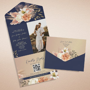Rustic Floral Navy Blue Wedding All In One Invitation