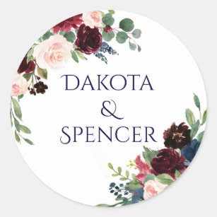 Rustic Floral | Navy Burgundy Blush Wreath Garland Classic Round Sticker