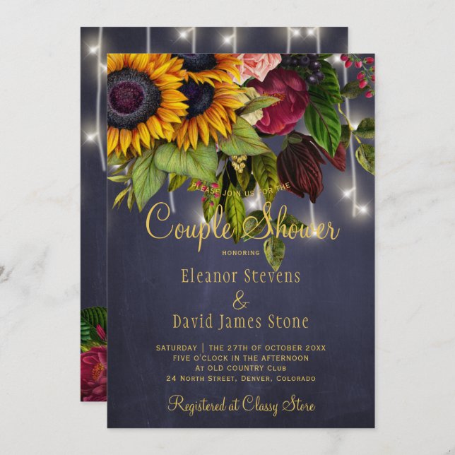 Rustic floral navy burgundy winter couple shower invitation (Front/Back)