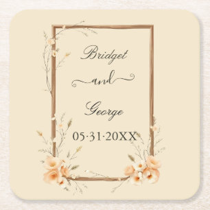 Rustic Floral Neutral Wedding  Square Paper Coaster
