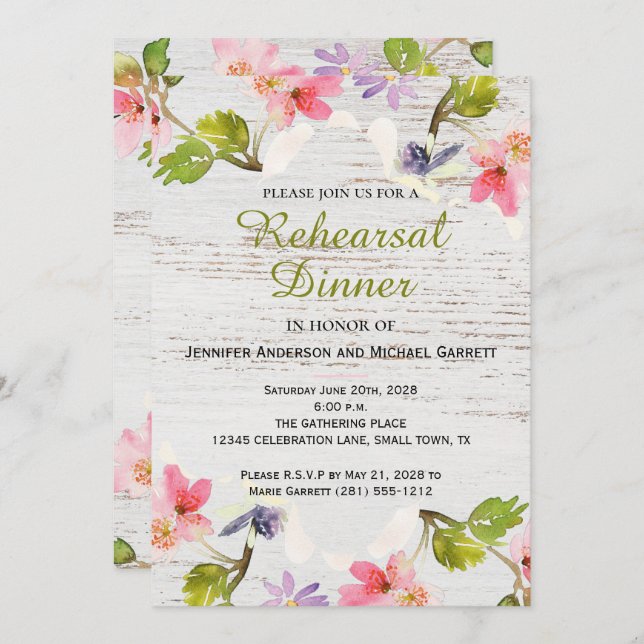 Rustic Floral on White Wood Rehearsal Dinner Invitation (Front/Back)