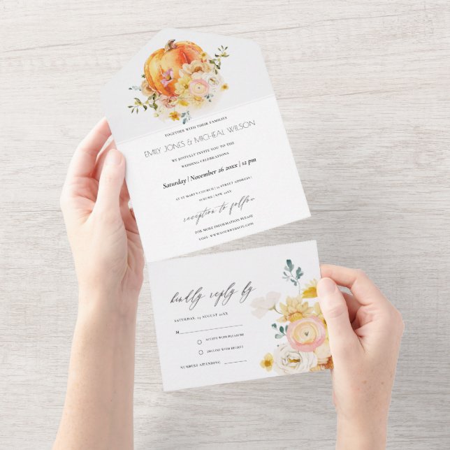 Rustic Floral Orange Autumn Pumpkin Wedding All In One Invitation (Tearaway)