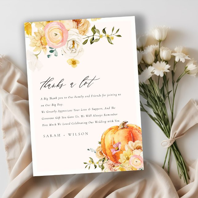 Rustic Floral Orange Autumn Pumpkin Wedding Thank You Card (Creator Uploaded)