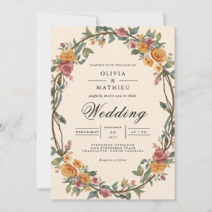 Rustic Floral Oval Border Wedding Invitation