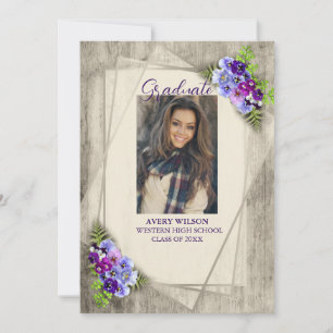 Rustic Floral Pansy Photo Graduation Invitation