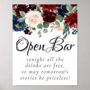 Rustic Floral Party   Navy Burgundy Open Bar Sign