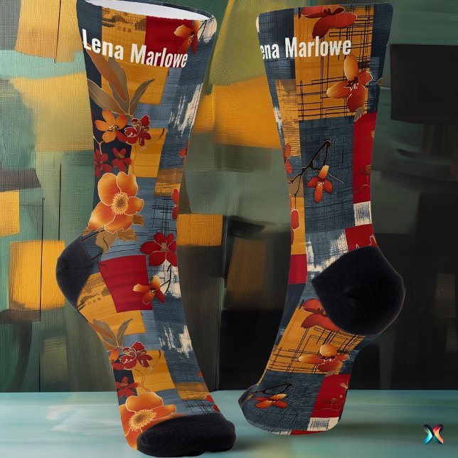 Rustic Floral Patchwork Socks – Custom Red & Navy (Creator Uploaded)