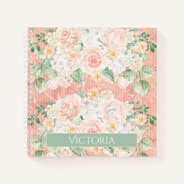Rustic Floral Peach Green Personalised Notebook (Front)