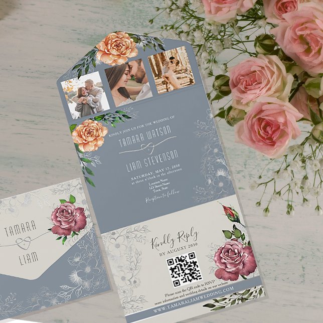 Rustic Floral Peach Pink Dusty Blue Wedding  All In One Invitation (Creator Uploaded)
