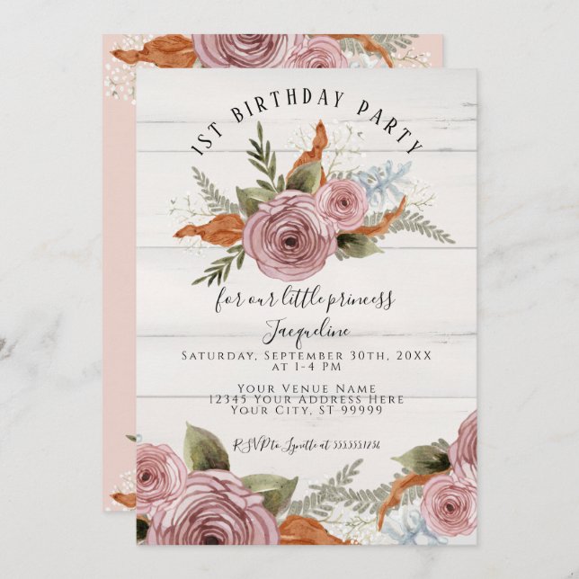 Rustic Floral Peony Dusty Pink 1st First Birthday Invitation (Front/Back)