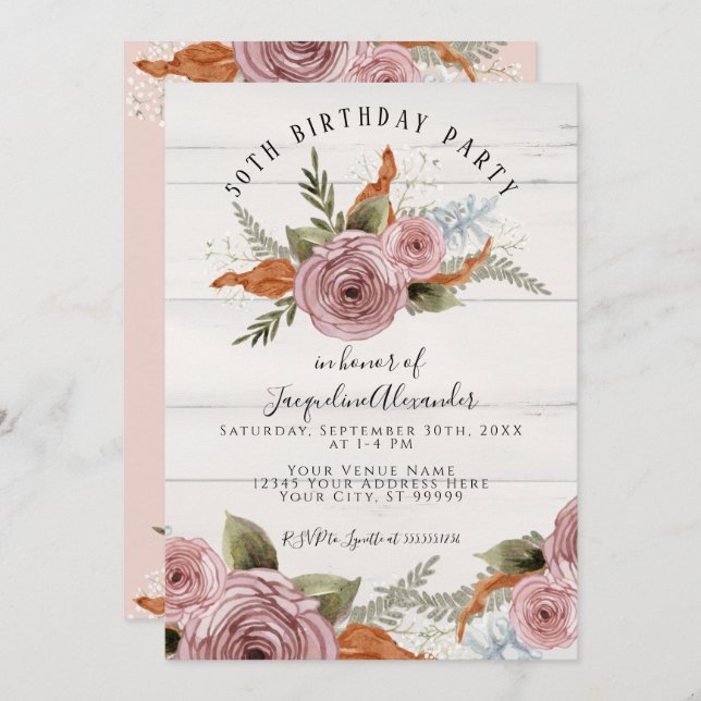 Rustic Floral Peony Dusty Pink Watercolor Birthday Invitation (Front/Back)