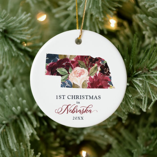 Rustic Floral Personalised Christmas In Nebraska Ceramic Ornament (Tree)
