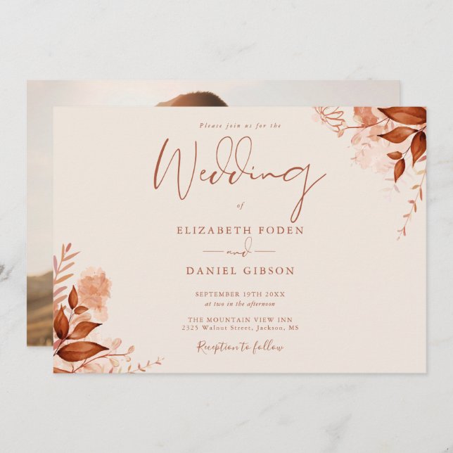 Rustic Floral Photo Autumn Fall Wedding Invitation (Front/Back)