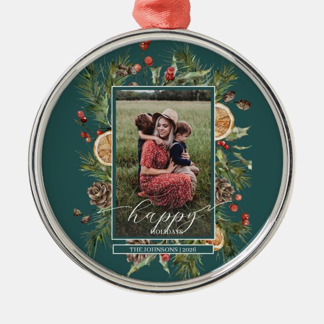 Rustic Floral Photo  Metal Ornament (Front)