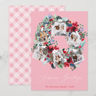 Rustic floral photo pink Christmas wreath Season Holiday Card