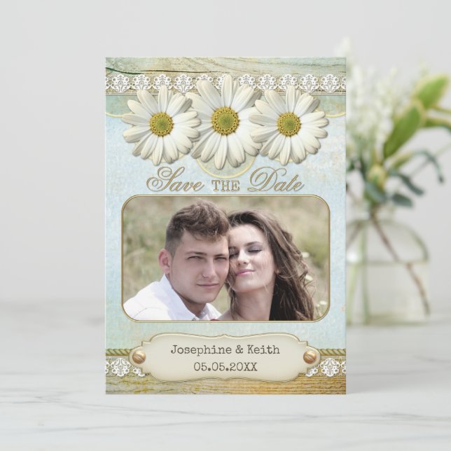 Rustic Floral Photo Save the Date Card (Standing Front)